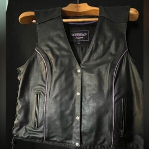 Women's Black Leather Vest with Purple Trim
